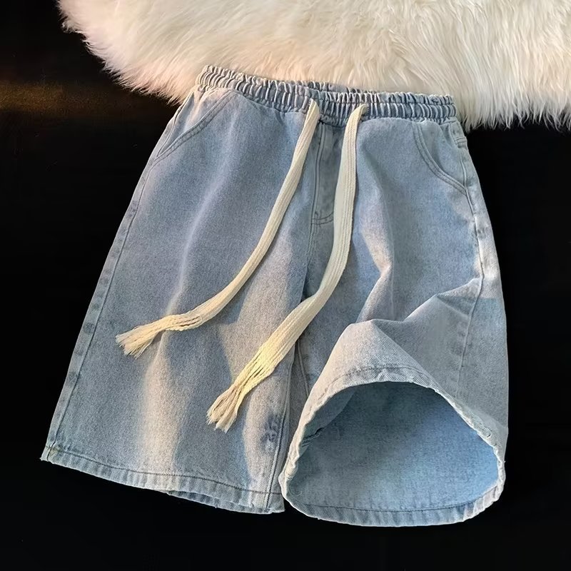 メンズデニムパンツ ウエスト紐付きワイドデニムショートパンツ