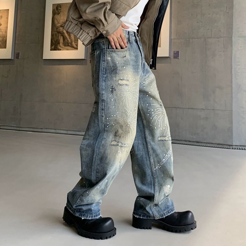メンズデニムパンツ ラインストーン装飾デニムパンツ メンズバギー