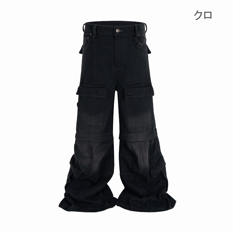 メンズデニムパンツ ビンテージ風 カーゴ ワイドシルエット