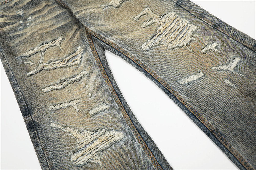 メンズデニムパンツ ダメージ加工 ヴィンテージ風 ワイド