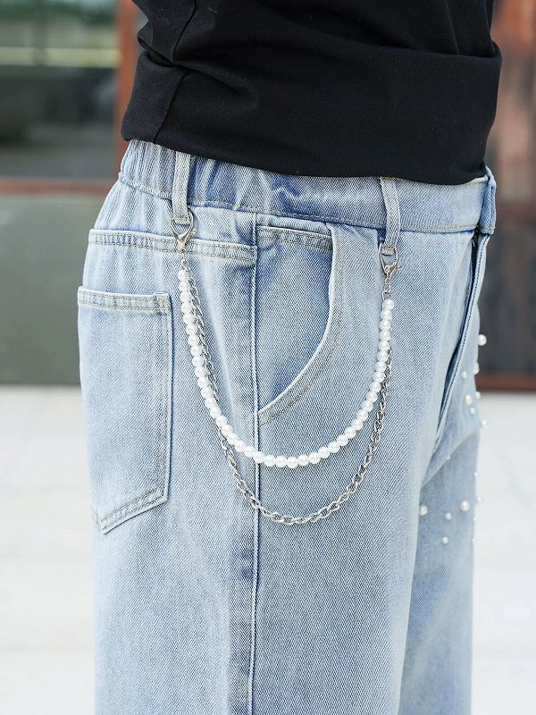 ラインストーン装飾ワイドメンズデニムパンツ