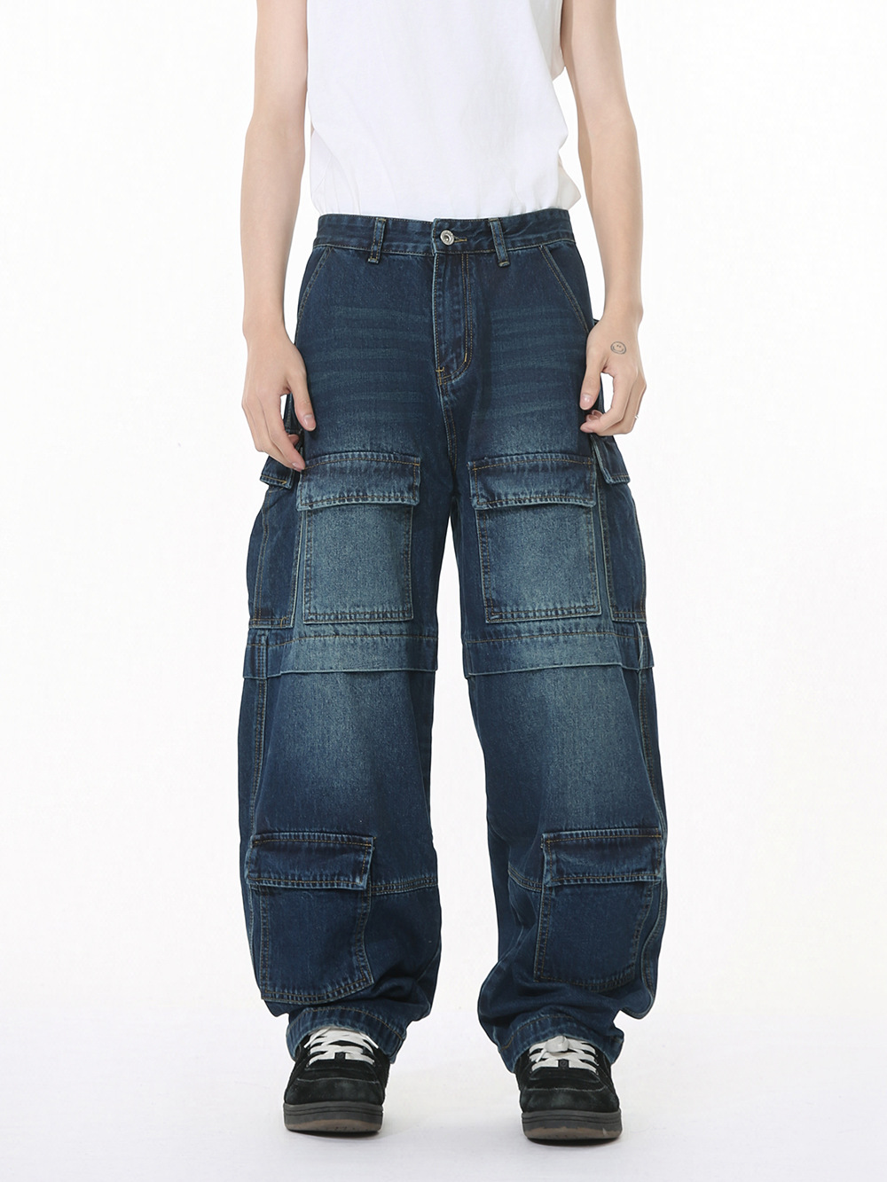 メンズデニムワーク風多機能ポケット付きデニムパンツ
