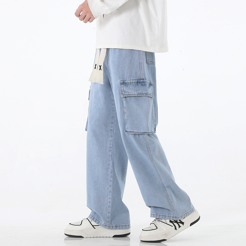 デニムパンツメンズ ゆったりシルエット実用ポケットパンツ