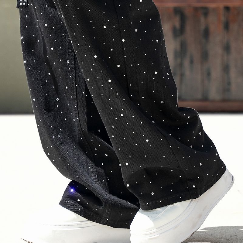 メンズデニムパンツ ラインストーン黒 ワイド