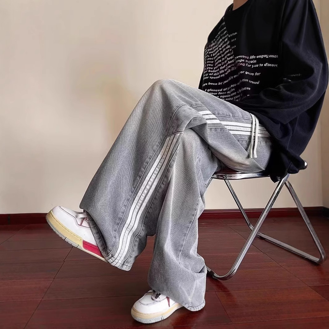 デニムパンツメンズ バギー ゆったりシルエットライン入りバギーデニム