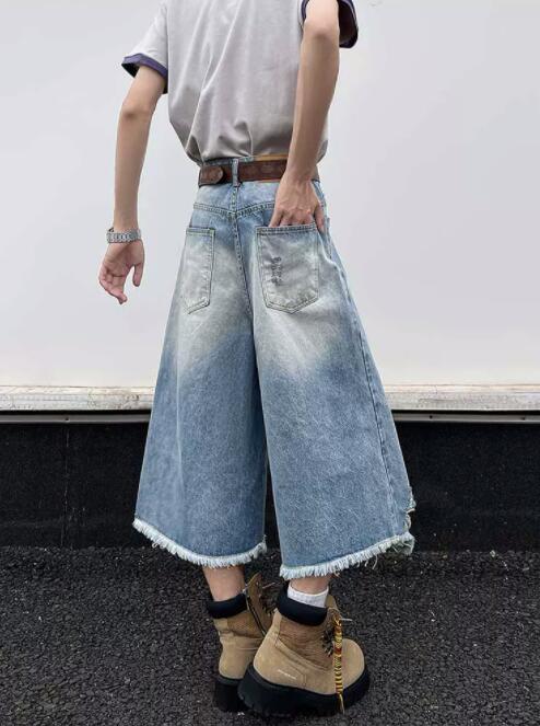 メンズデニムパンツ メンズデニムワイドハーフパンツダメージ加工