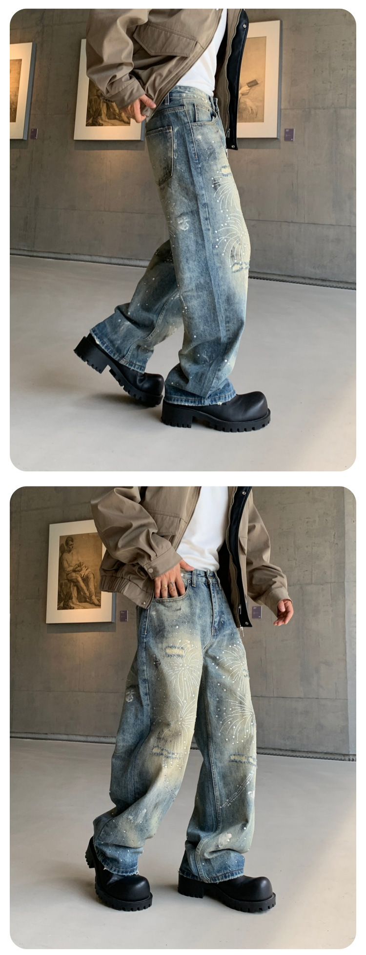 メンズデニムパンツ ラインストーン装飾デニムパンツ メンズバギー