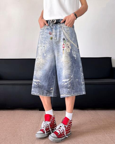 メンズデニムパンツ メンズデニムワイドハーフパンツダメージ加工