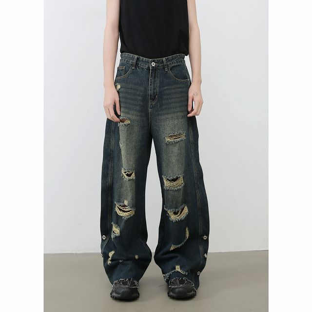 メンズデニムパンツ メンズ ダメージ加工 デニムパンツ 男女兼用 ワイド ボトムス