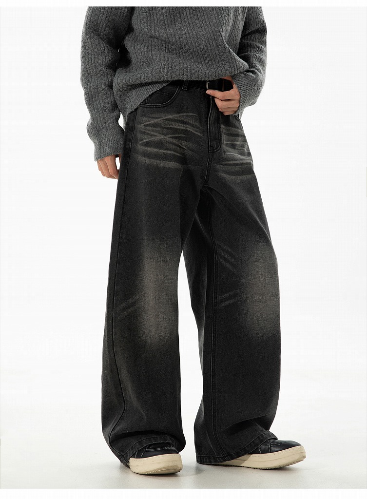 メンズデニムパンツ 秋冬ヴィンテージウォッシュワイド