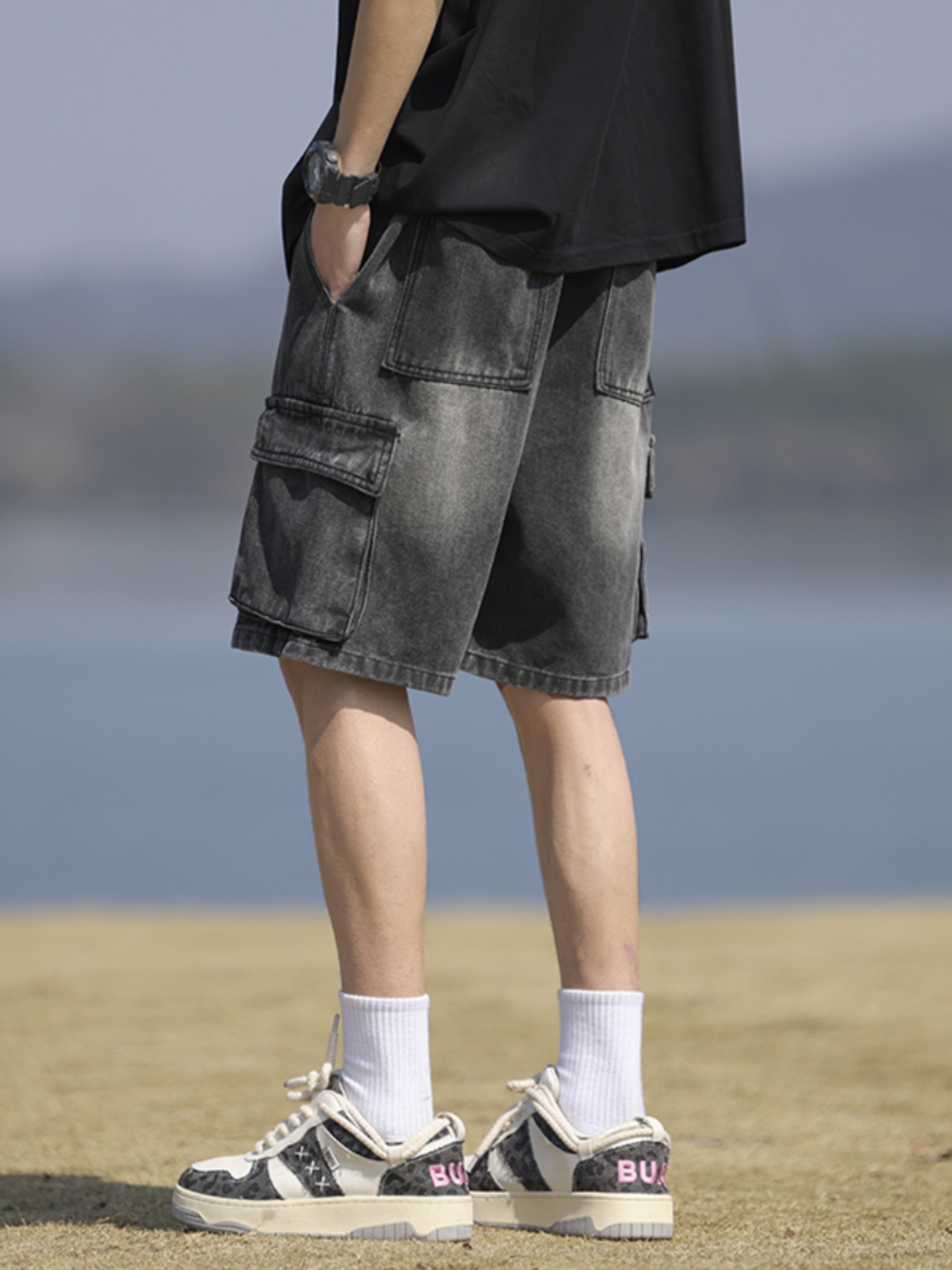 デニムパンツメンズ ワイド ゆったりカーゴデニムハーフパンツ