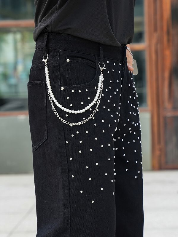 メンズデニムパンツ 男性用ラインストーン装飾デニムパンツ黒色街系新作