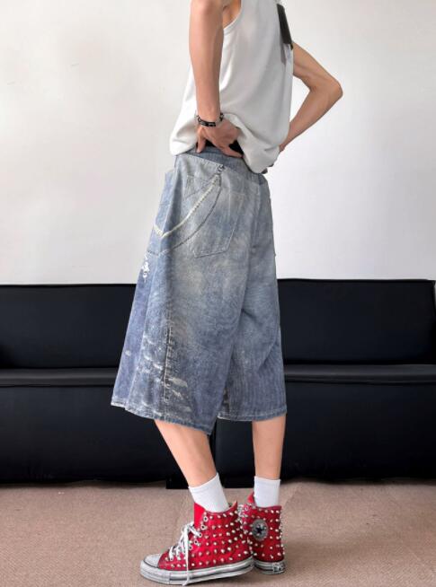 メンズデニムパンツ メンズデニムワイドハーフパンツダメージ加工