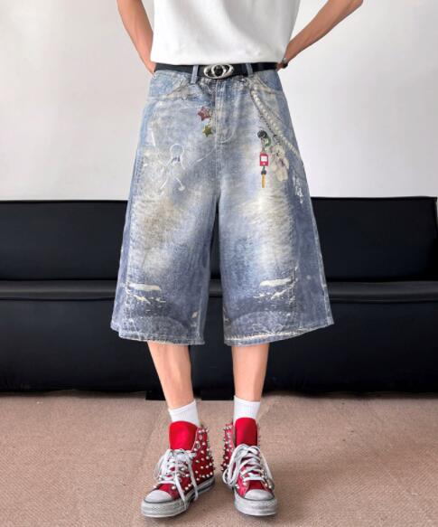 メンズデニムパンツ メンズデニムワイドハーフパンツダメージ加工