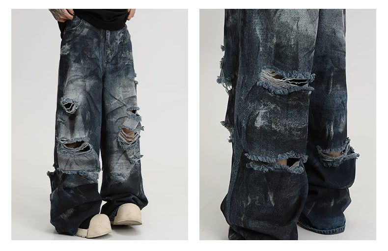 メンズデニムパンツ メンズ ダメージ加工 ワイドデニムパンツ