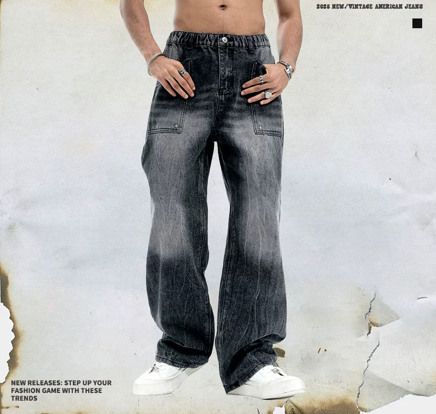 メンズデニムパンツ メンズ ワイド デニム パンツ ビンテージ風 男女兼用 春秋冬