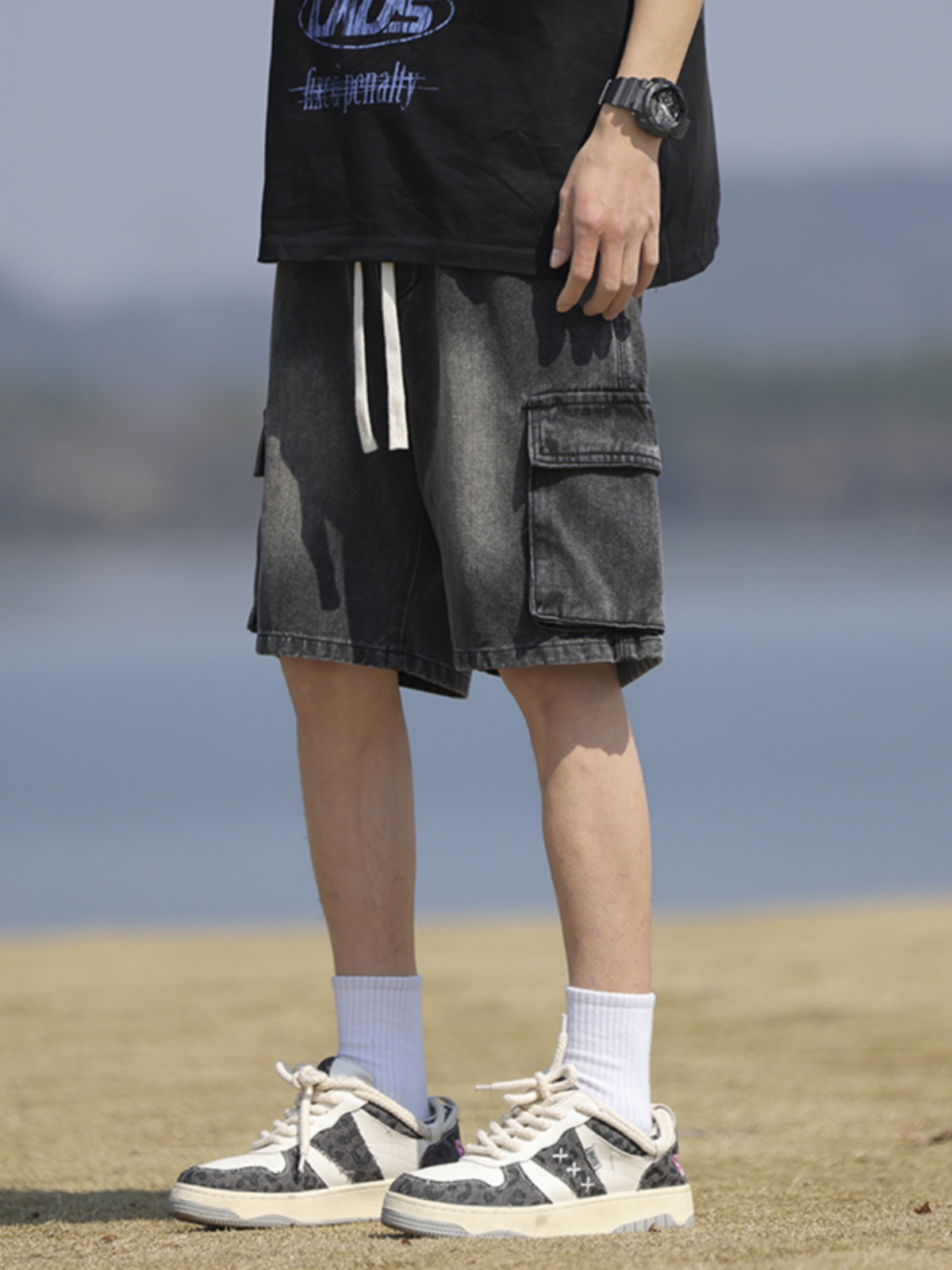 デニムパンツメンズ ワイド ゆったりカーゴデニムハーフパンツ