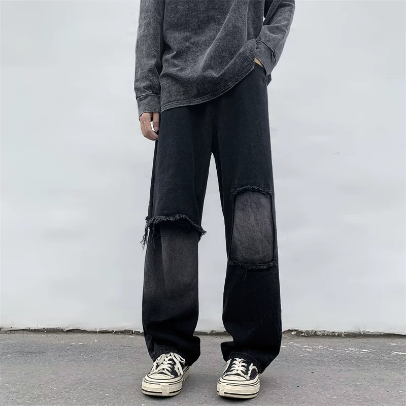 メンズデニムパンツ 黒デニム ダメージ加工ワイドパンツ メンズ