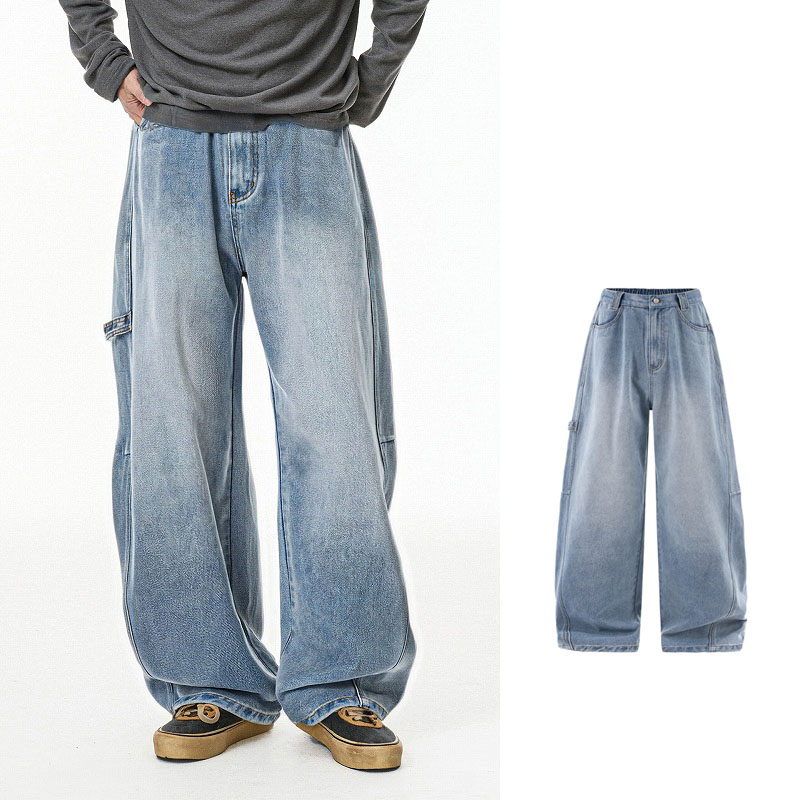 メンズデニムパンツ メンズ秋新作ワイドレッグデニムワークパンツ復古加工