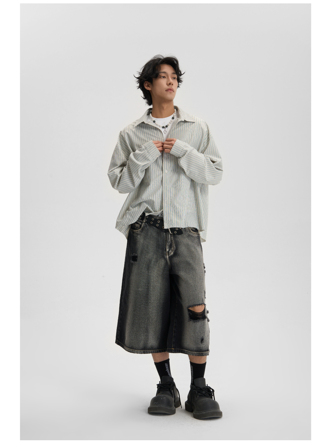 デニムパンツメンズ ワイドシルエット破れ加工デニム