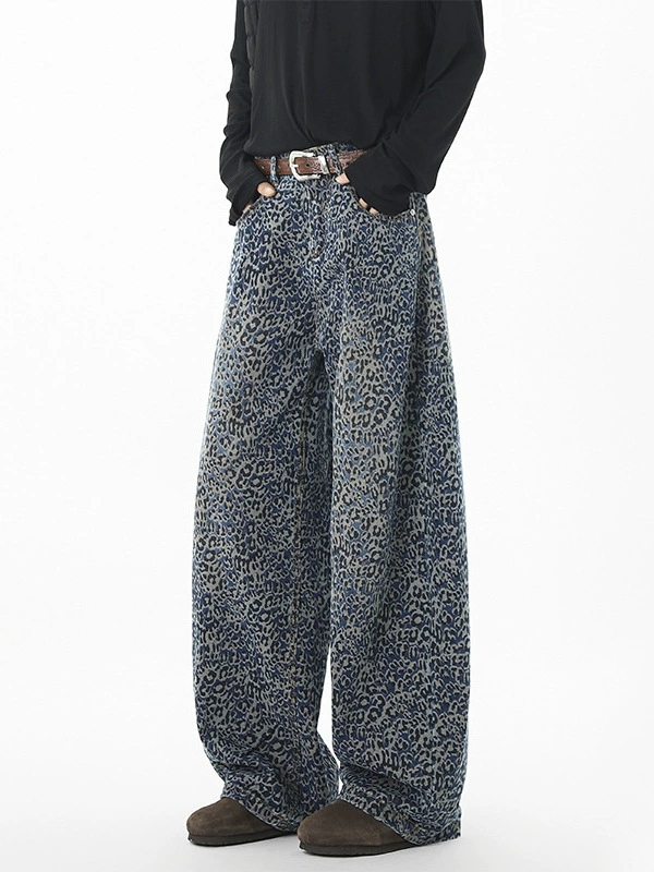 メンズデニムパンツ 豹柄プリントワイド秋冬