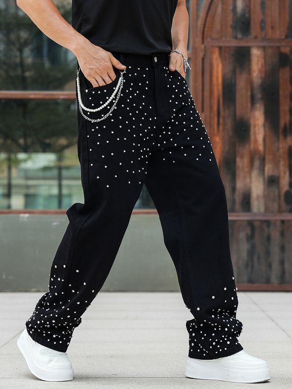 メンズデニムパンツ 男性用ラインストーン装飾デニムパンツ黒色街系新作