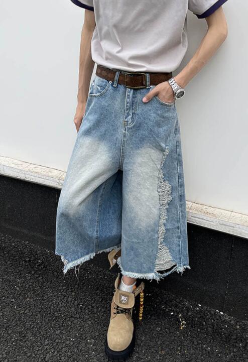 メンズデニムパンツ メンズデニムワイドハーフパンツダメージ加工