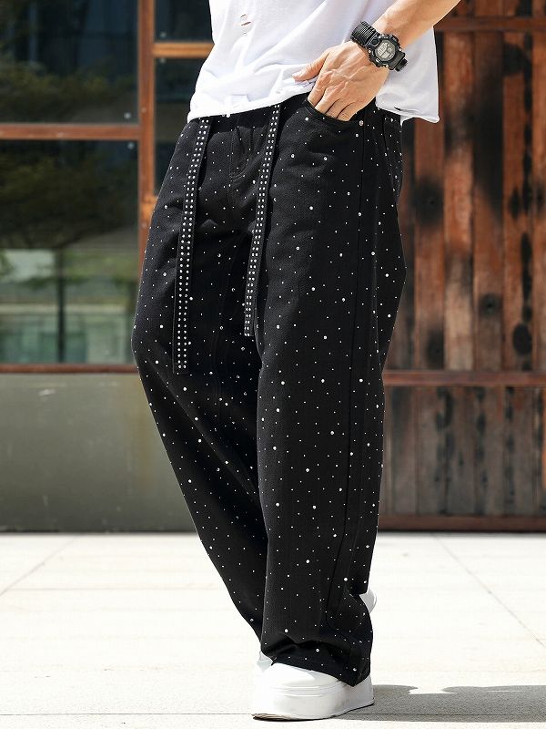 メンズデニムパンツ ラインストーン黒 ワイド