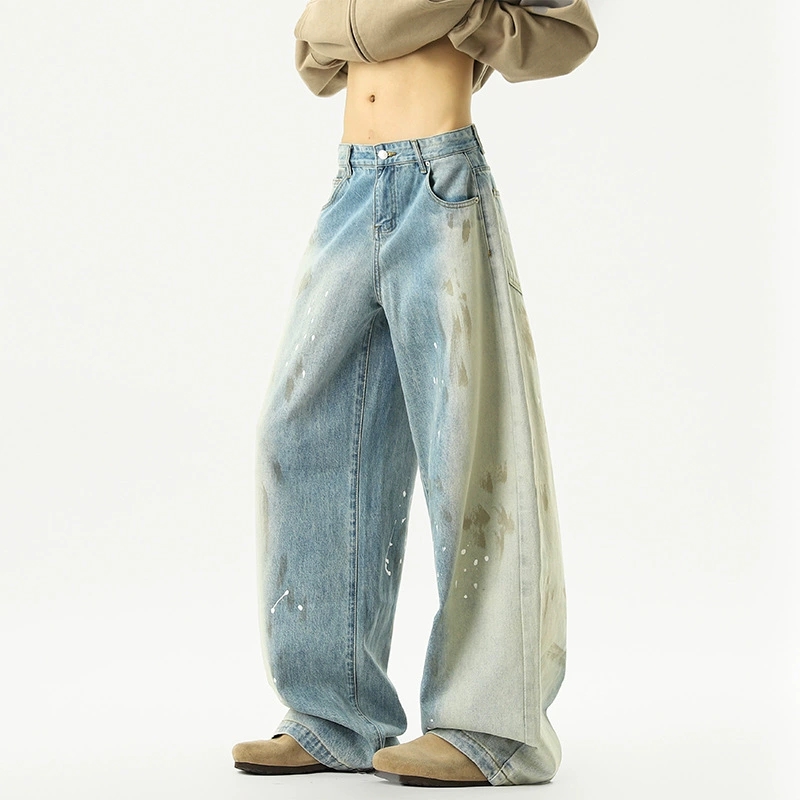 メンズデニムパンツ ビンテージ加工ワイドデニムパンツ男女兼用ストリート系