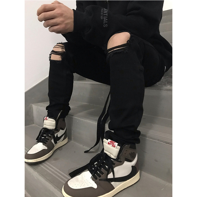 メンズデニムパンツ メンズ黒デニムパンツ ダメージ加工ストリート系ボトムス