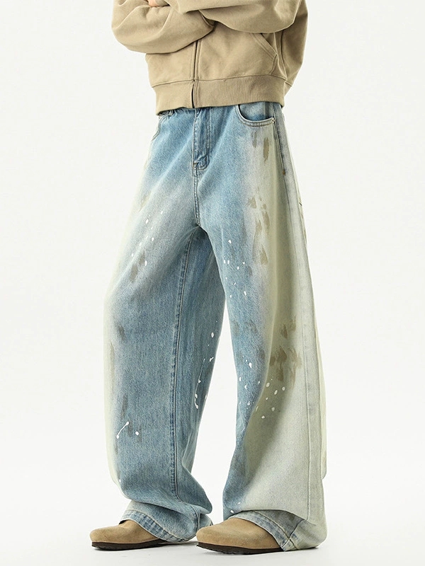 メンズデニムパンツ ビンテージ加工ワイドデニムパンツ男女兼用ストリート系