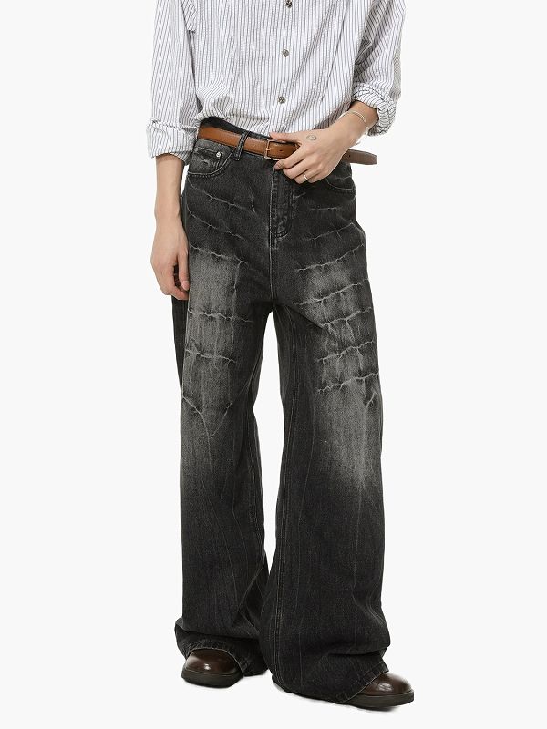メンズデニムパンツ ワイドシルエット ダメージ加工 ストリート系ボトムス