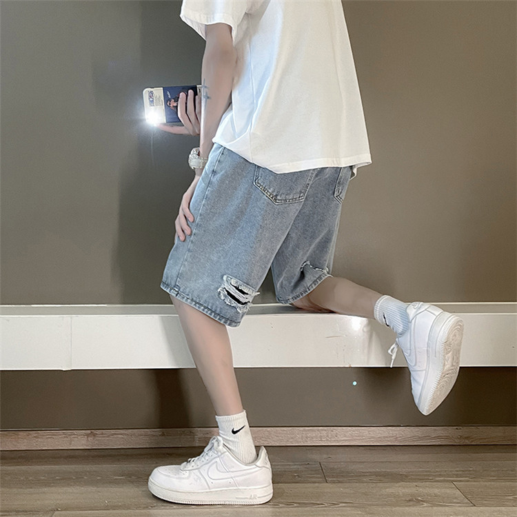 デニムパンツメンズ 男性用復古風薄手五分丈破れ加工短パン