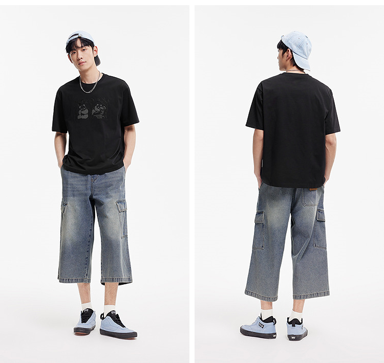 デニムパンツメンズ リラックスカーゴワイドデニム七分丈