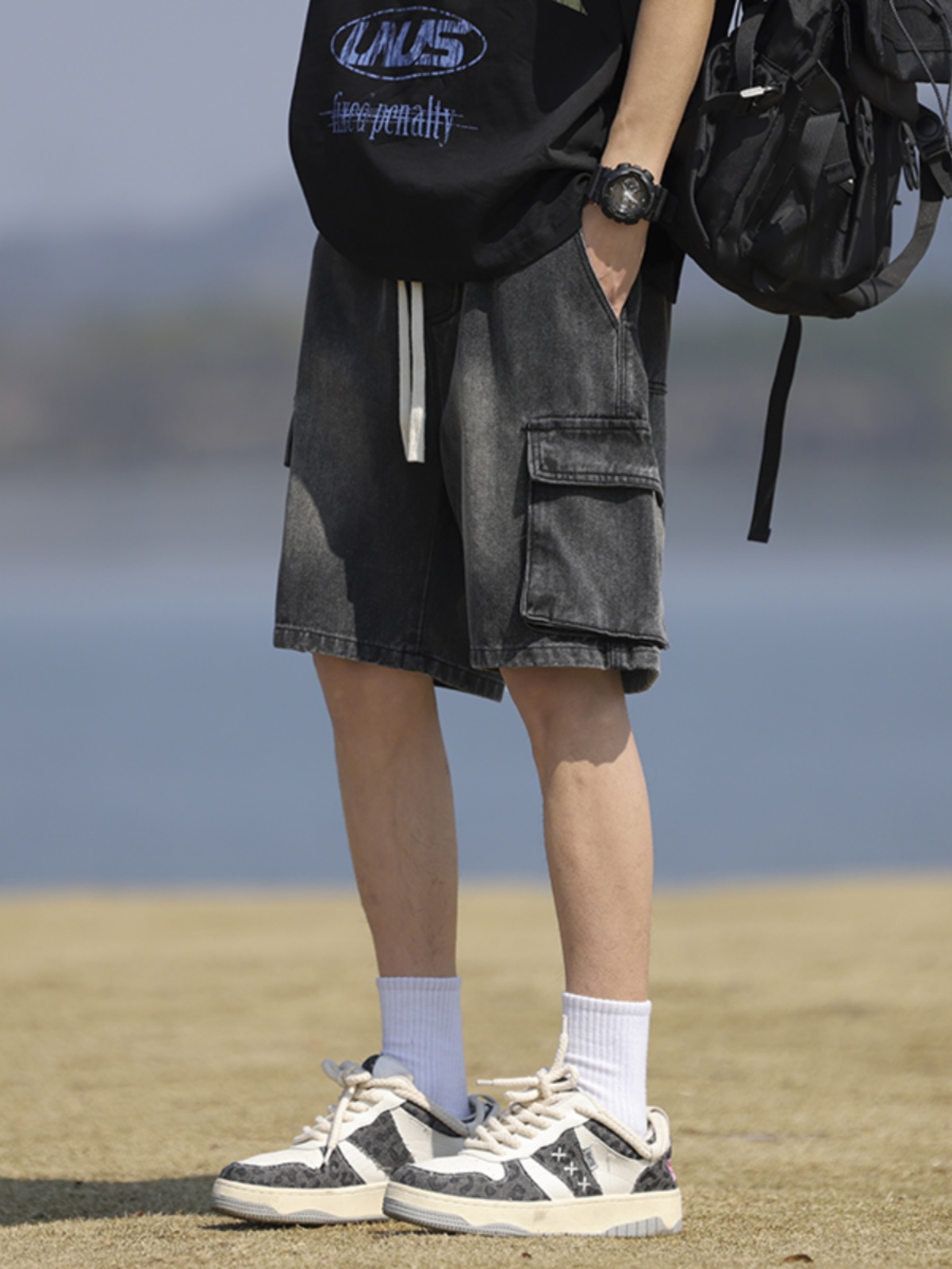 デニムパンツメンズ カーゴ ストリートカーゴデニムハーフパンツ