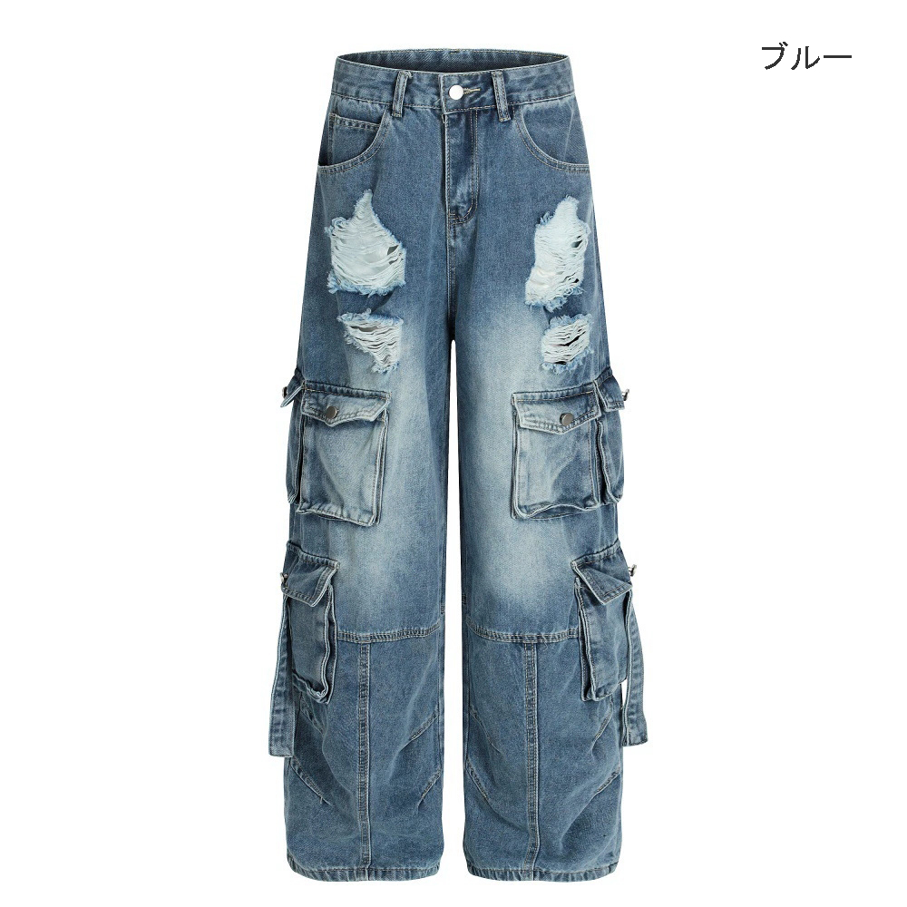 メンズデニムパンツ ダメージ加工カーゴ男女兼用全2色