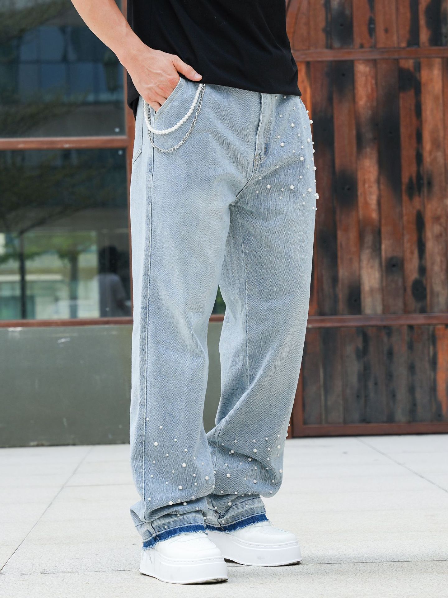 ラインストーン装飾ワイドメンズデニムパンツ