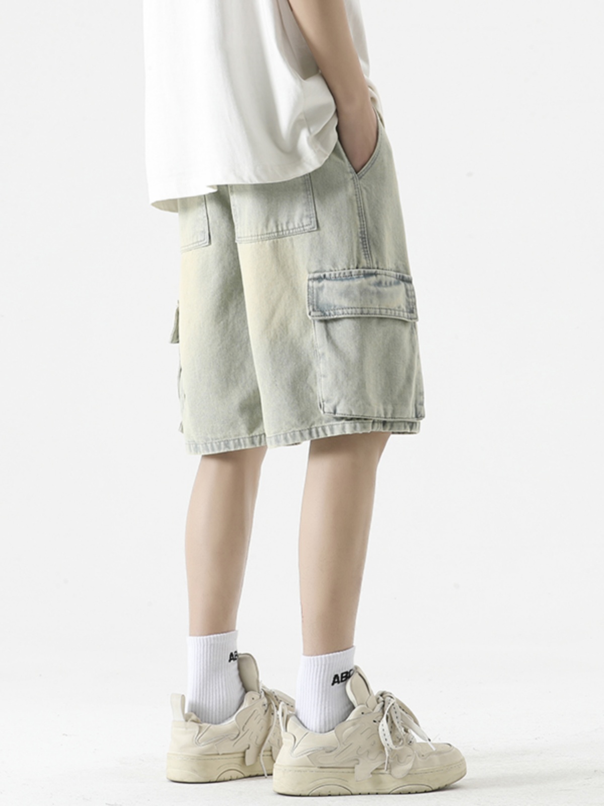 デニムパンツメンズ カーゴ ゆったりデニムカーゴハーフパンツ