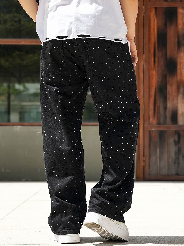 メンズデニムパンツ ラインストーン黒 ワイド