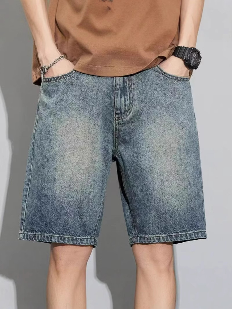 メンズデニムパンツ ヴィンテージ加工ゆったりデニム半ズボン