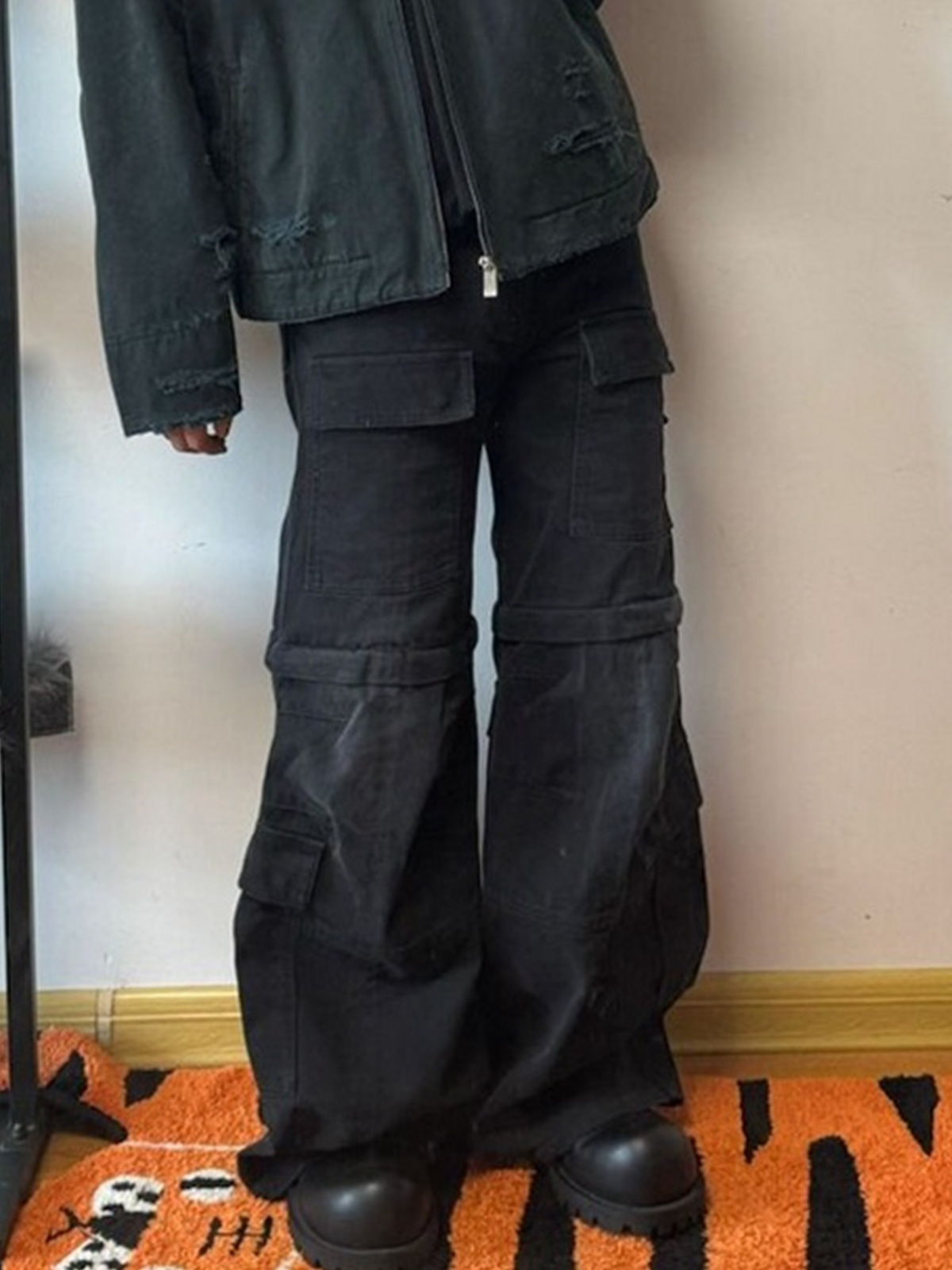 メンズデニムパンツ ビンテージ風 カーゴ ワイドシルエット