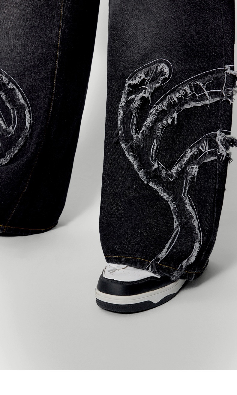 メンズデニムパンツ ウォッシュ加工 ダメージ風パッチ付きワイド ゆったりシルエット