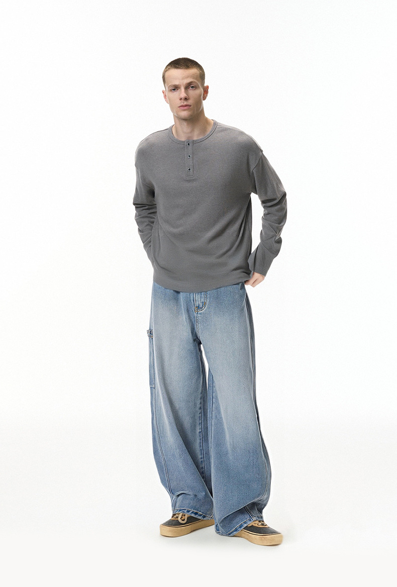 メンズデニムパンツ メンズ秋新作ワイドレッグデニムワークパンツ復古加工