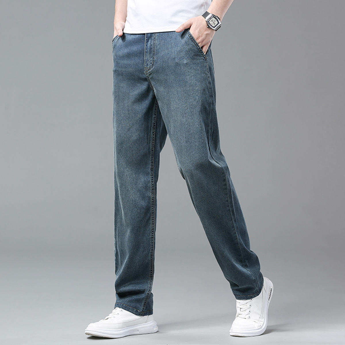 デニムパンツメンズ 快適ストレッチ加工ストレートデニムパンツ
