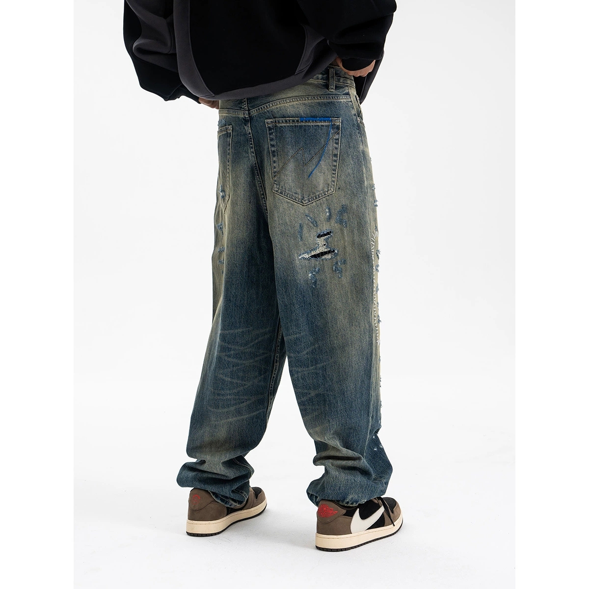 メンズデニムパンツ 男性用ダメージ加工ストリート風デニムパンツ