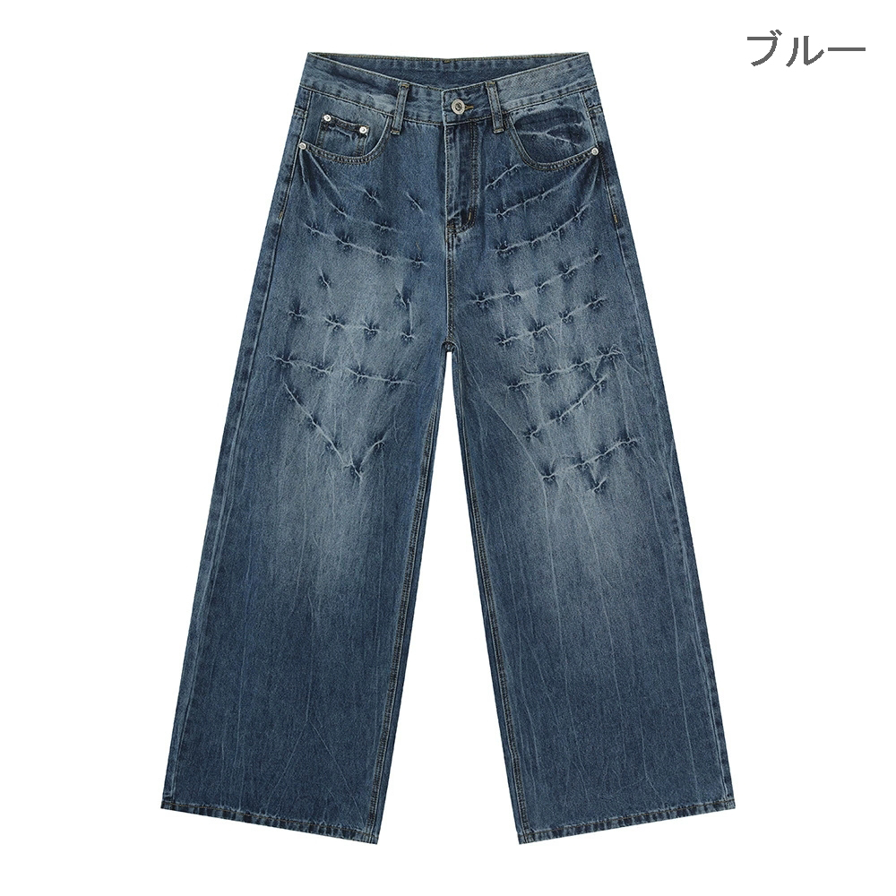 メンズデニムパンツ ワイドシルエット ダメージ加工 ストリート系ボトムス