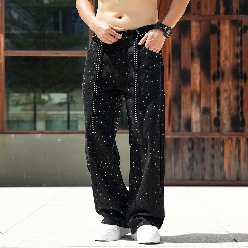 メンズデニムパンツ ラインストーン黒 ワイド