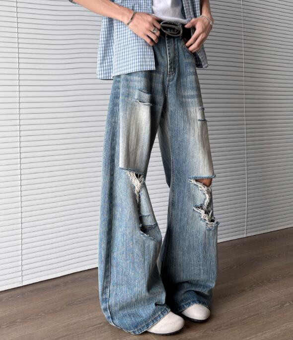 メンズデニムパンツ 復古風ダメージ加工デニムパンツ メンズワイドボトムス