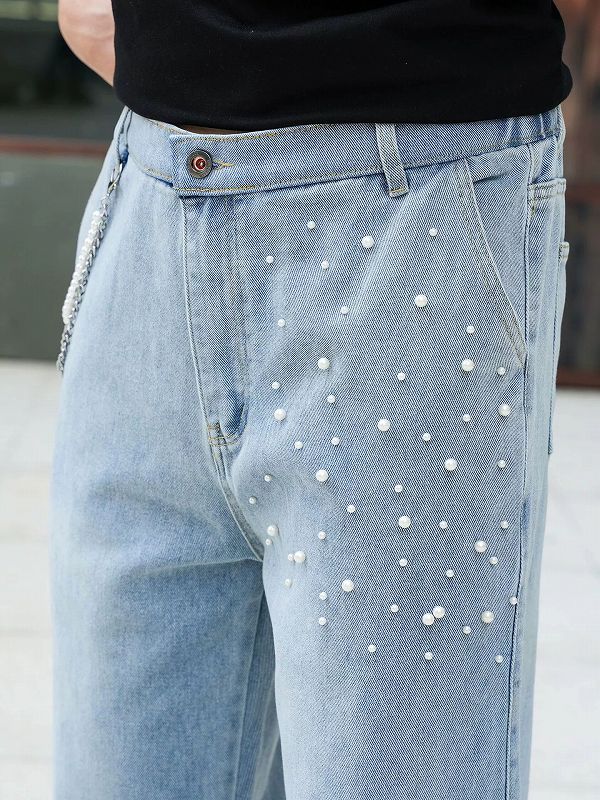 ラインストーン装飾ワイドメンズデニムパンツ