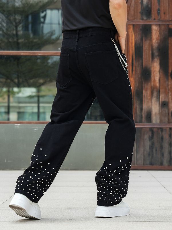 メンズデニムパンツ 男性用ラインストーン装飾デニムパンツ黒色街系新作